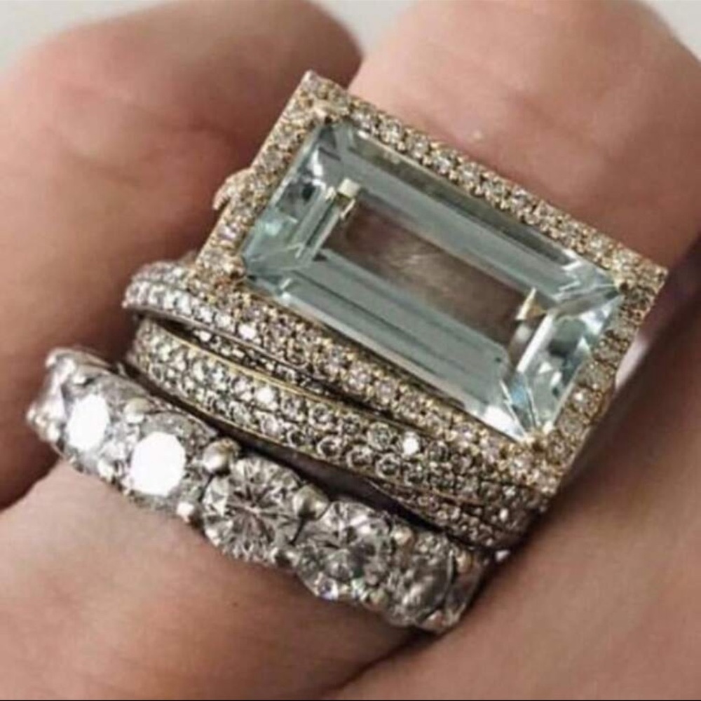New Size 8 three piece stacked silver and aquamarine ring. Statement piece.